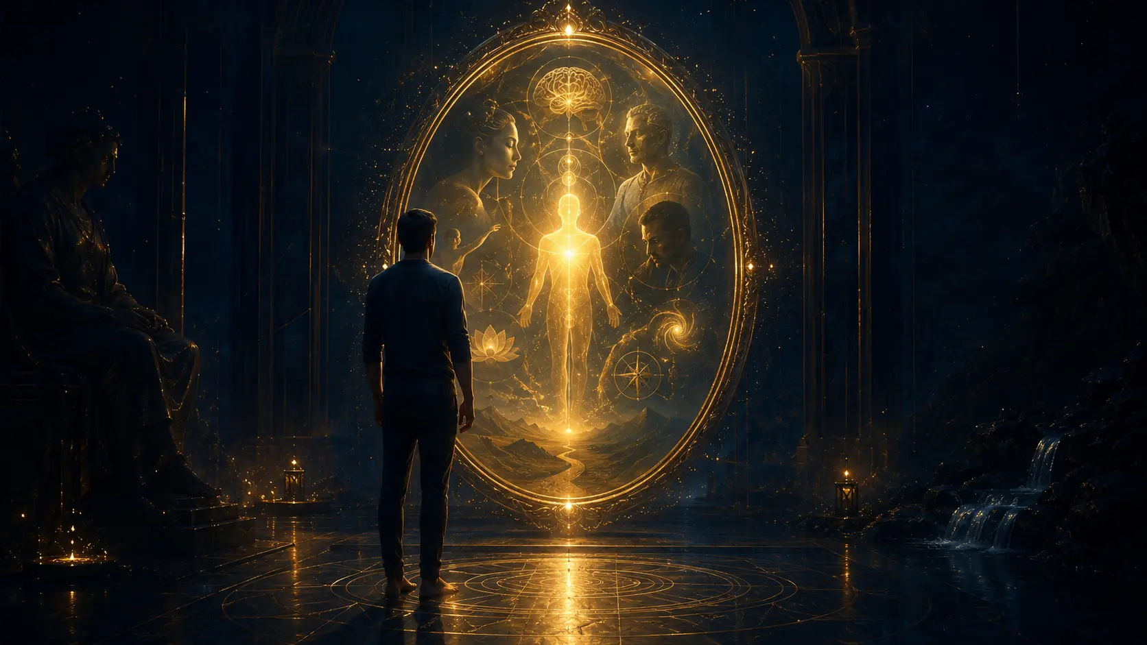 Diagnóstico de vida, energía e identidad con una figura frente a un portal luminoso.